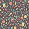 Seamless pattern with vegetables and fruits, saucepan, jar, berries and recipe book