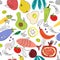 Seamless pattern of vegetarian diet food, healthy lifestyle. Vector eggplant, carrots, peppers, apples, champignon mushrooms, fish