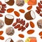 Seamless pattern of vegetarian sweets made of dates, honey, coconut and almonds