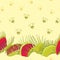 Seamless pattern with Venus Flytrap or Dionaea muscipula and cartoon flies on the yellow background.