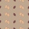 Seamless pattern of vertically arranged elements of cocoa fruits on a beige background, illustration in gouache.