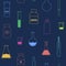 Seamless pattern with vials, test tubes, pipette, ampule, thermometer. Linear style