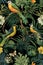 A seamless pattern with vibrant exotic jungle birds, assorted floral designs, and branches, all set against a