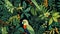 A seamless pattern with vibrant exotic jungle parrots, assorted floral designs, and branches, all set against a