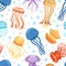 Seamless Pattern with Vibrant Jellyfish Having Umbrella-shaped Bells and Trailing Tentacles Vector Template