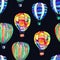 Seamless pattern with vibrant watercolor aerostats on dark background. Hand painted.