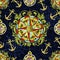 Seamless pattern with victorian decorated nautical compass, anchor on blue