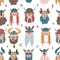 Seamless pattern with vikings faces. Flat scandinavian Vector repeated background of northern woodland. Men and women characters