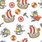 Seamless pattern with vikings, ships, axes and shields.