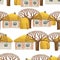 Seamless pattern of villiage with small painted house, whitewashed house, bare trees and stacks of hay