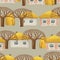 Seamless pattern of villiage with small painted house, whitewashed house, bare trees and stacks of hay