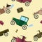 Seamless pattern with vintage automobiles and bags in cartoon style on beige background