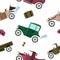 Seamless pattern with vintage automobiles and bags in cartoon style on white background