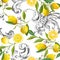 Seamless Pattern with vintage barocco design with yellow Lemon Fruits, Floral Background with Flowers, Leaves, Lemons Wallpaper