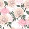 Seamless pattern of vintage beige Dahlia and pink chrysanthemums flowers.