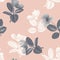 Seamless pattern, vintage black and white cosmos flower with Ficus Elastica leaves on pink