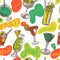 Seamless pattern with vintage cocktails and hand drawn lettering. Cocktail party.