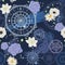 Seamless pattern with vintage compass, wind rose, gears, brush strokes and flowers. Travel, adventure and discovery. Nautical back