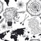 Seamless pattern with vintage compass, world map, airship and wind rose.
