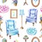 Seamless pattern with vintage furniture and objects