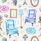 Seamless pattern with vintage furniture and objects