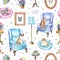 Seamless pattern with vintage furniture, objects and cats