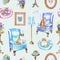 Seamless pattern with vintage furniture, objects and cats