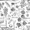 Seamless pattern with vintage hand drawn sketch medicine herbs elements isolated on white background. wormwood, turmeric