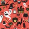 Seamless pattern Of Vintage Happy Halloween flat icons. Hallowe