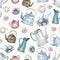 A seamless pattern with vintage kettles, teapots and bouquets of roses painted with watercolor.