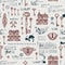 Seamless pattern with vintage keys and old houses