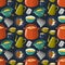 Seamless pattern with vintage kitchenware and food. dark background