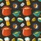 Seamless pattern with vintage kitchenware and food. dark background
