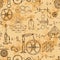 Seamless pattern with vintage science objects. Scientific equipment for physics and chemistry.