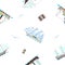 Seamless pattern with vintage ships, seagulls and bags in cartoon style on white background