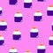 Seamless pattern with violet magic potion bottles on pink background. Cartoon style. Fairy tale drink. Pharmacy and chemistry.