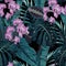 Seamless pattern, violet orchid flower and green blue exotic palm monster leaves on dark background.