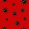 Seamless pattern Virus Covid-19 on red background. Coronavirus cells in blood and human circulatory system.