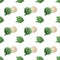 Seamless pattern with vivid green bunchs of broccoli and cauliflower on white background. Vegetable abstract seamless pattern