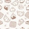 Seamless pattern with waffles, croissants, dessert, cakes, cupcakes and pieces of cake on white background. Vector