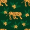 Seamless pattern with walking leopard and tropical flowers. Modern jungle design template for cards, posters, prints, textile.