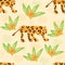 Seamless pattern with walking leopard and tropical flowers. Modern jungle design template for cards, posters, prints, textile.