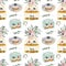 Seamless pattern of watercolor aesthetic fruit cakes in packaging boxes and cake stands