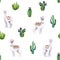 Seamless pattern of watercolor alpacas and cacti. Colorful illustration isolated on white. Hand painted animals