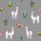 Seamless pattern of watercolor alpacas, cacti, rainbow. Colorful illustration isolated on grey. Hand painted animals