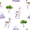 Seamless pattern of watercolor alpacas, mountains, trees. Colorful illustration isolated on white. Hand painted template