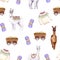 Seamless pattern of watercolor alpacas, yarn, sweater, cart. Colorful illustration isolated on white. Hand painted template