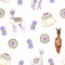 Seamless pattern of watercolor alpacas, yarn, sweater, mat. Colorful illustration isolated on white. Hand painted template