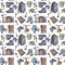 Seamless pattern watercolor army accessories: gas mask, retro file folder, oil stove, military tourism backpack, boots