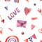 Seamless pattern with watercolor arrow, envelope, hearts, rainbow, ribbon. Hand drawn illustration